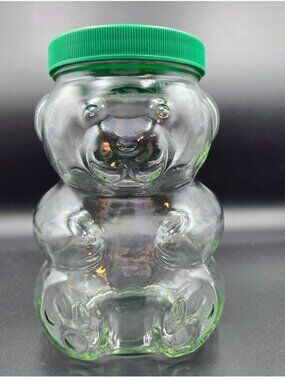 Vintage Kraft Peanut Butter Glass Jar Piggy Bank Bear Canadian Clear Green Read